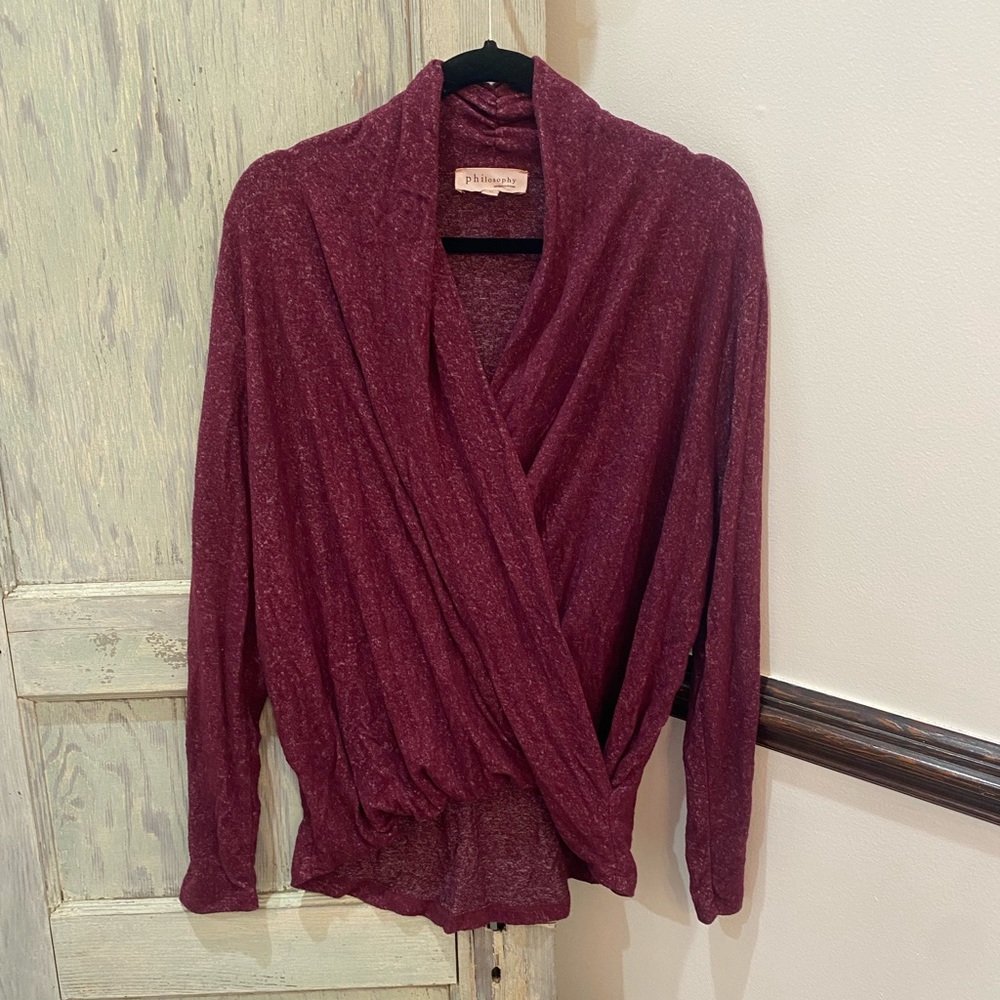 Philosophy Women's Burgundy Wine Cross Wrap Front Long Sleeve Pullover